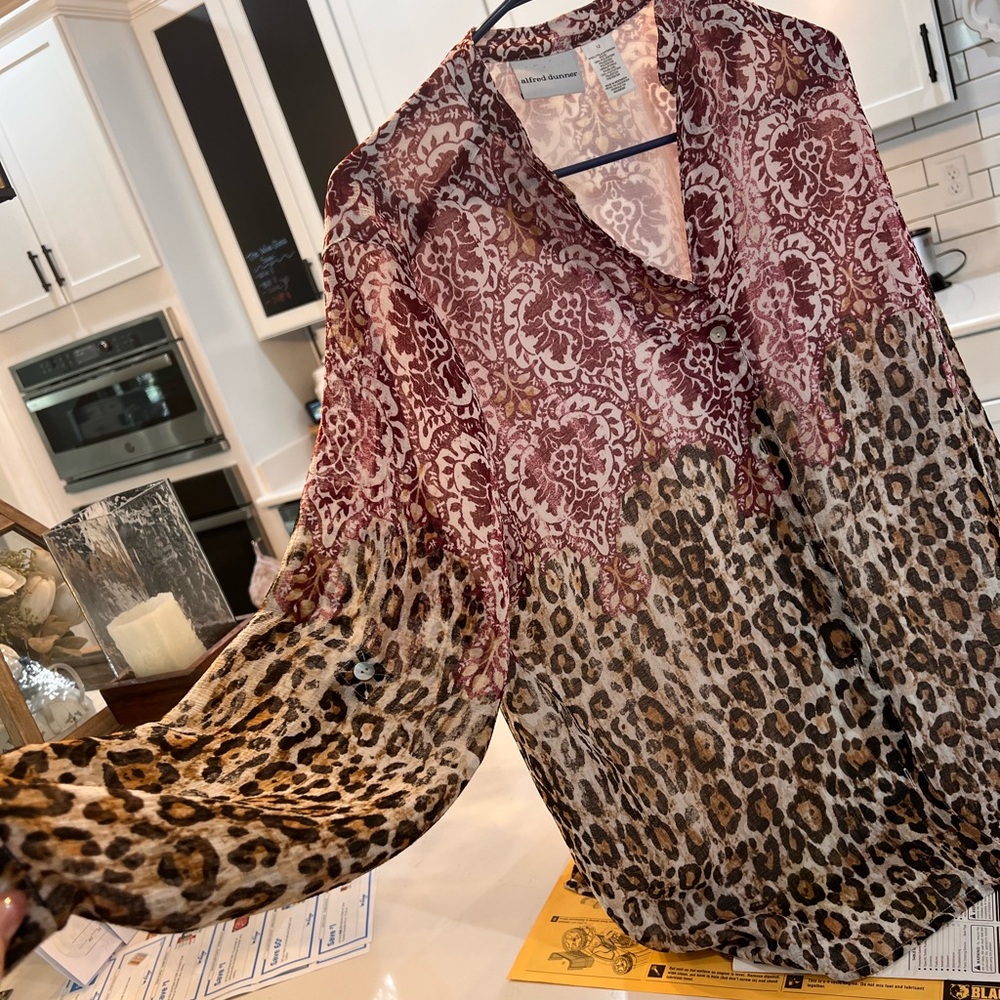 Alfred Dunner Pink and Tan Graphic Long Sleeve Blouse